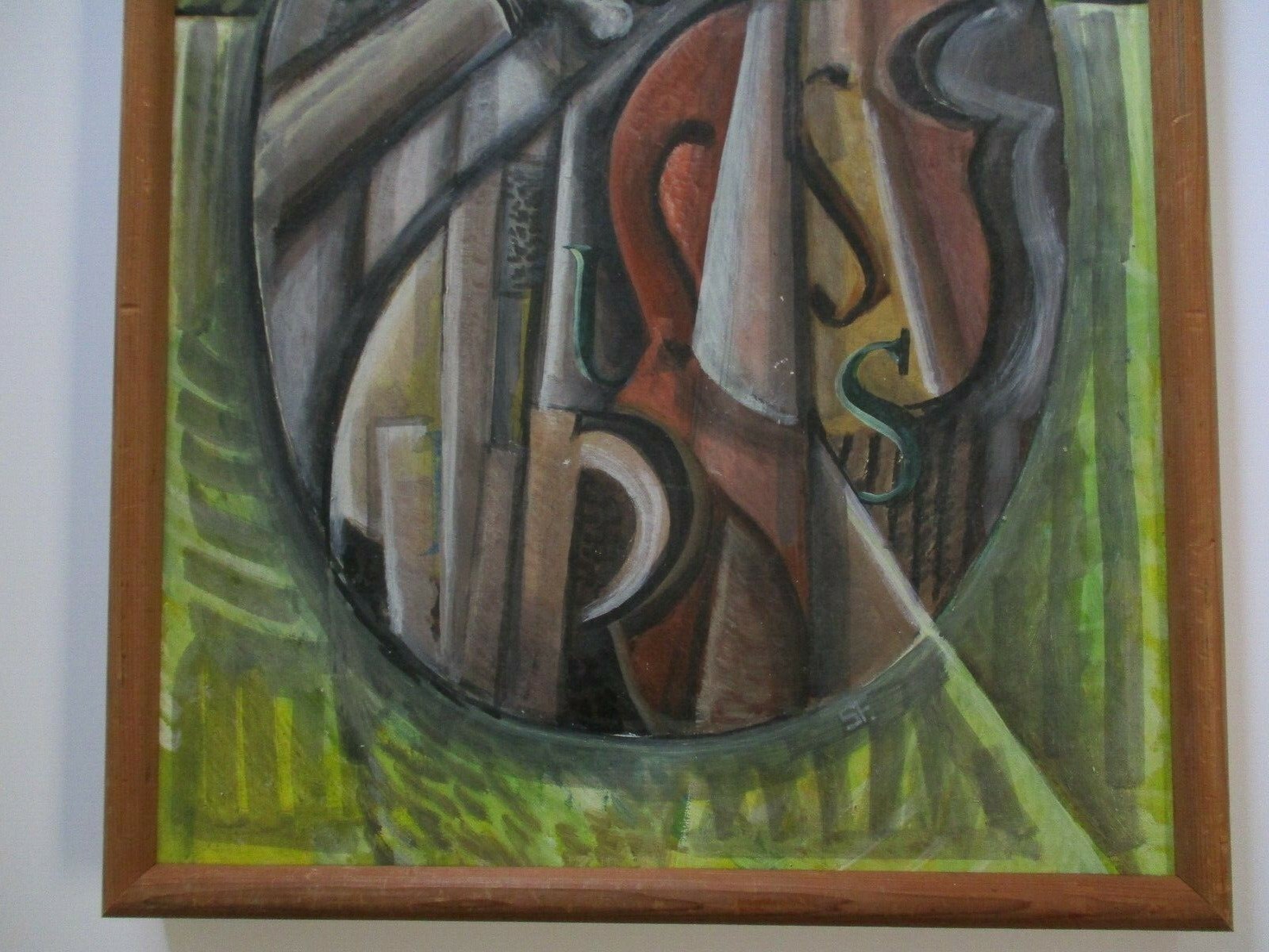 MID CENTURY ABSTRACT PAINTING CUBIST CUBISM MODERNISM INSTRUMENTS MUSIC SIGNED