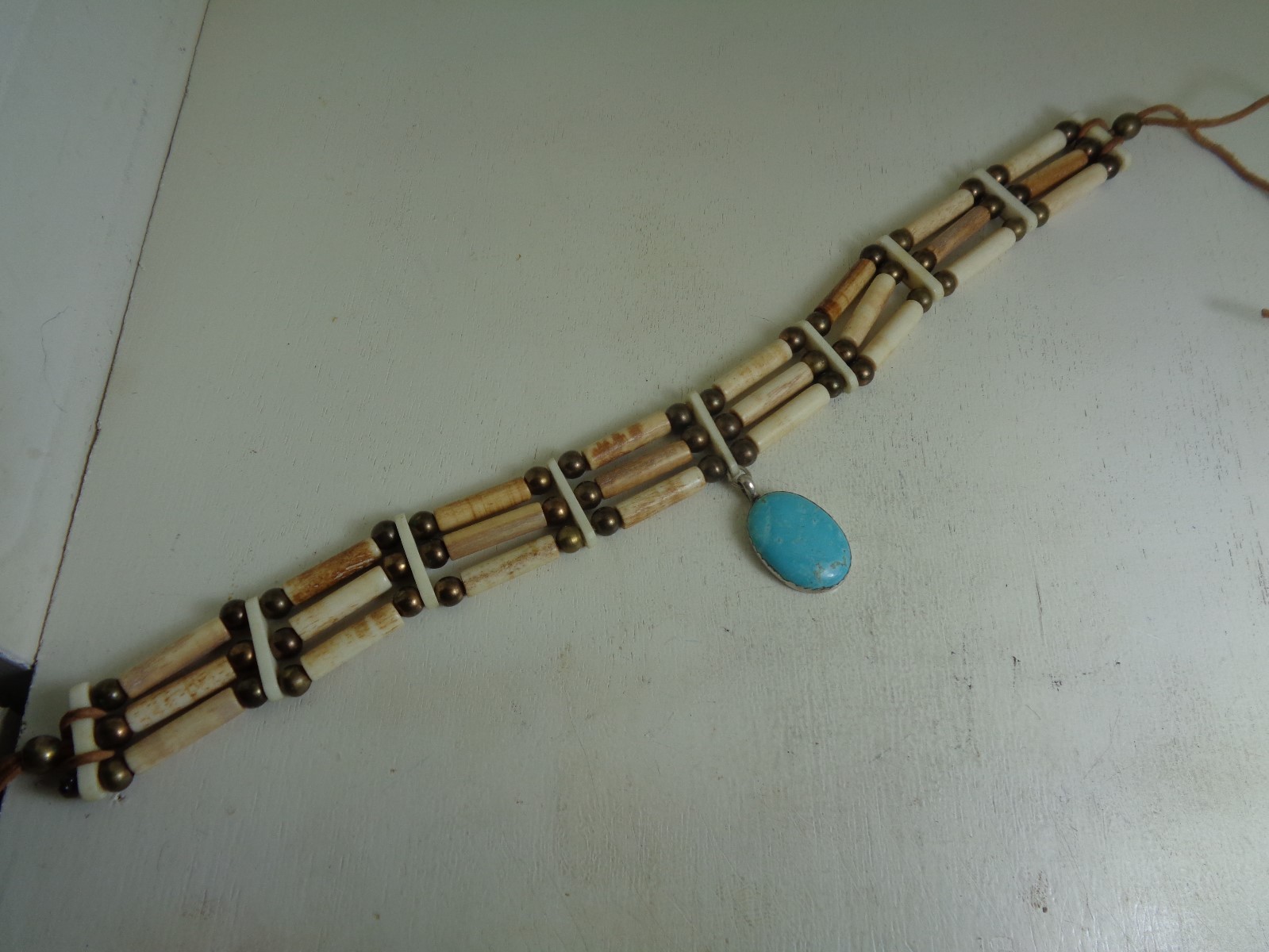 Choker With Turquoise  .925 Sterling With Bovine Tube Bone & Solid Brass Beads