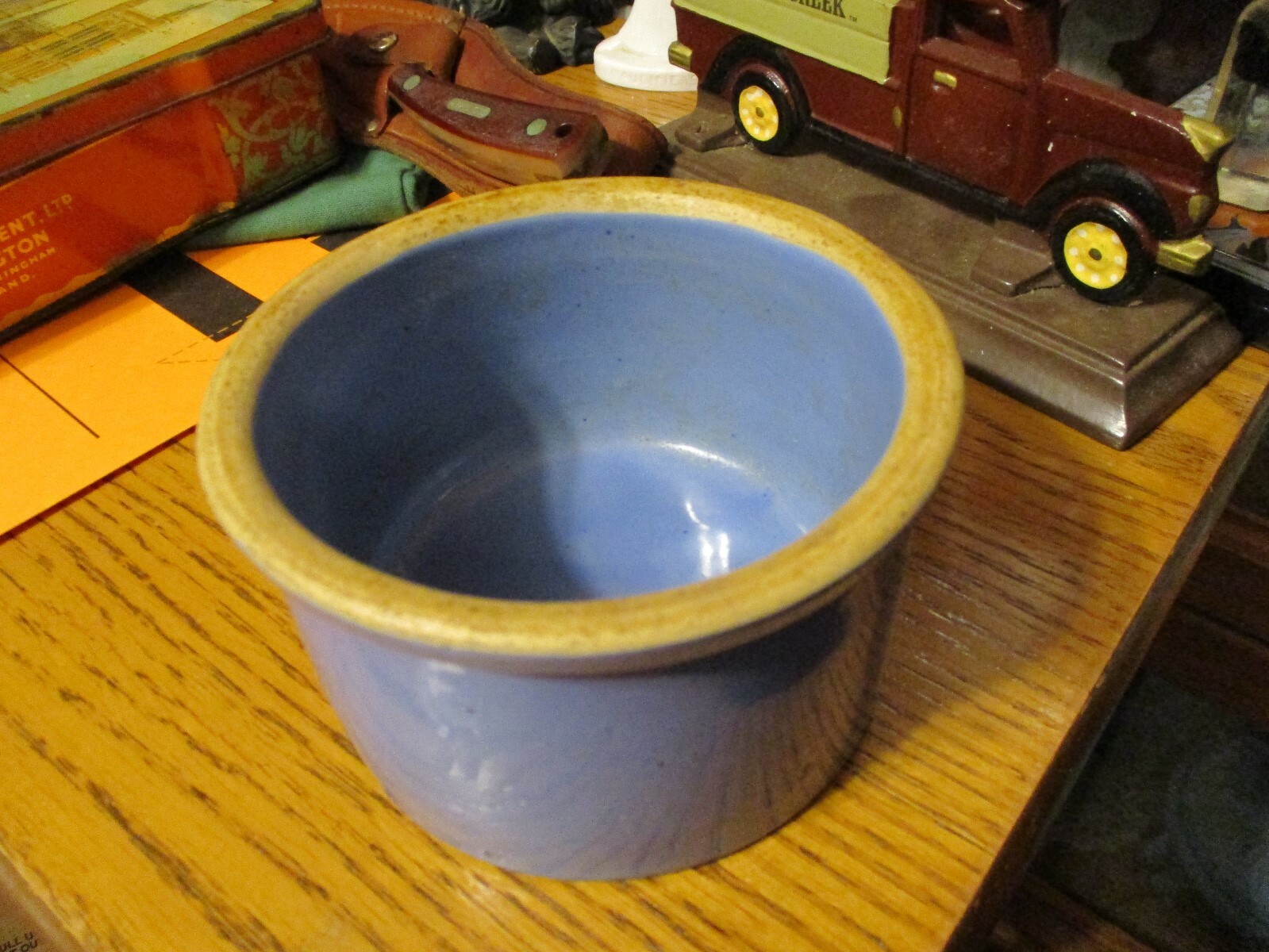 ANTIQUE BUTTER CROCK BLUE ONE POUND STONEWARE OLD KITCHENWARE OLD