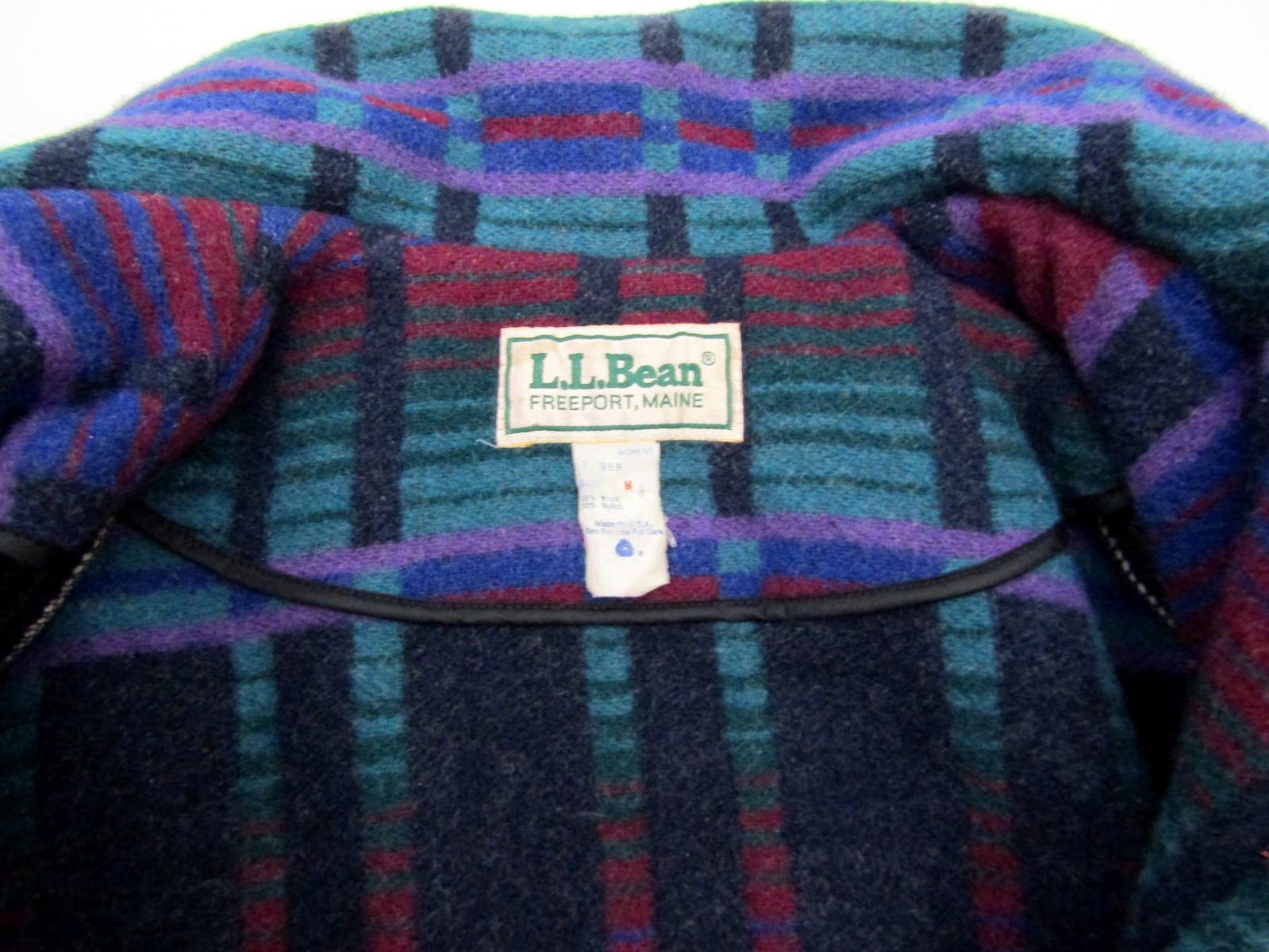 Vintage Womens LL Bean Freeport ME Wool Coat Jacket Plaid Purple Blue Green M