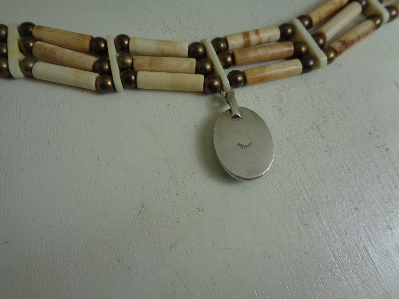 Choker With Turquoise  .925 Sterling With Bovine Tube Bone & Solid Brass Beads