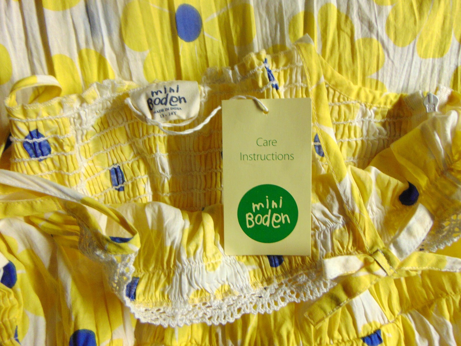 NEW Mini Boden Girls Size 13-14 Yellow Blue Diasy Flower Print Sun Dress