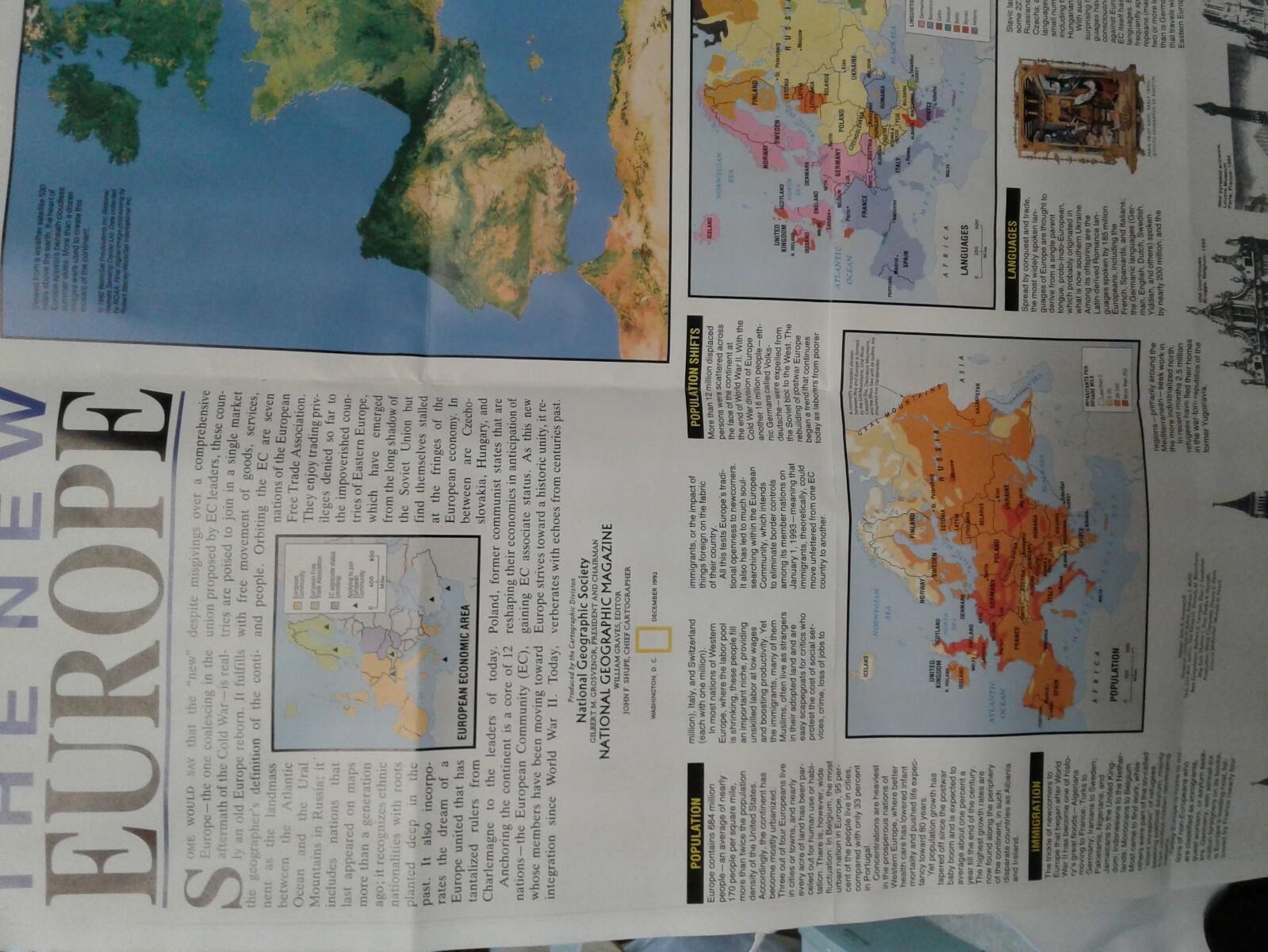 1992 EUROPE fold out wall map NATIONAL GEOGRAPHIC SOCIETY The New Europe info
