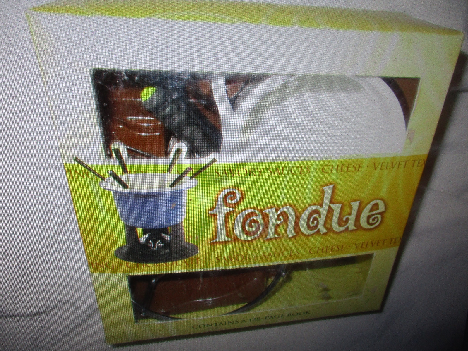 Vintage Fondue Pot Set of 3 Forks 1 Saucer Cup and 128 page Recipe Book