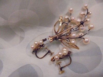 14 KT GOLD PEARL VICTORIAN EUROPEIAN BROOCH EARRING SET