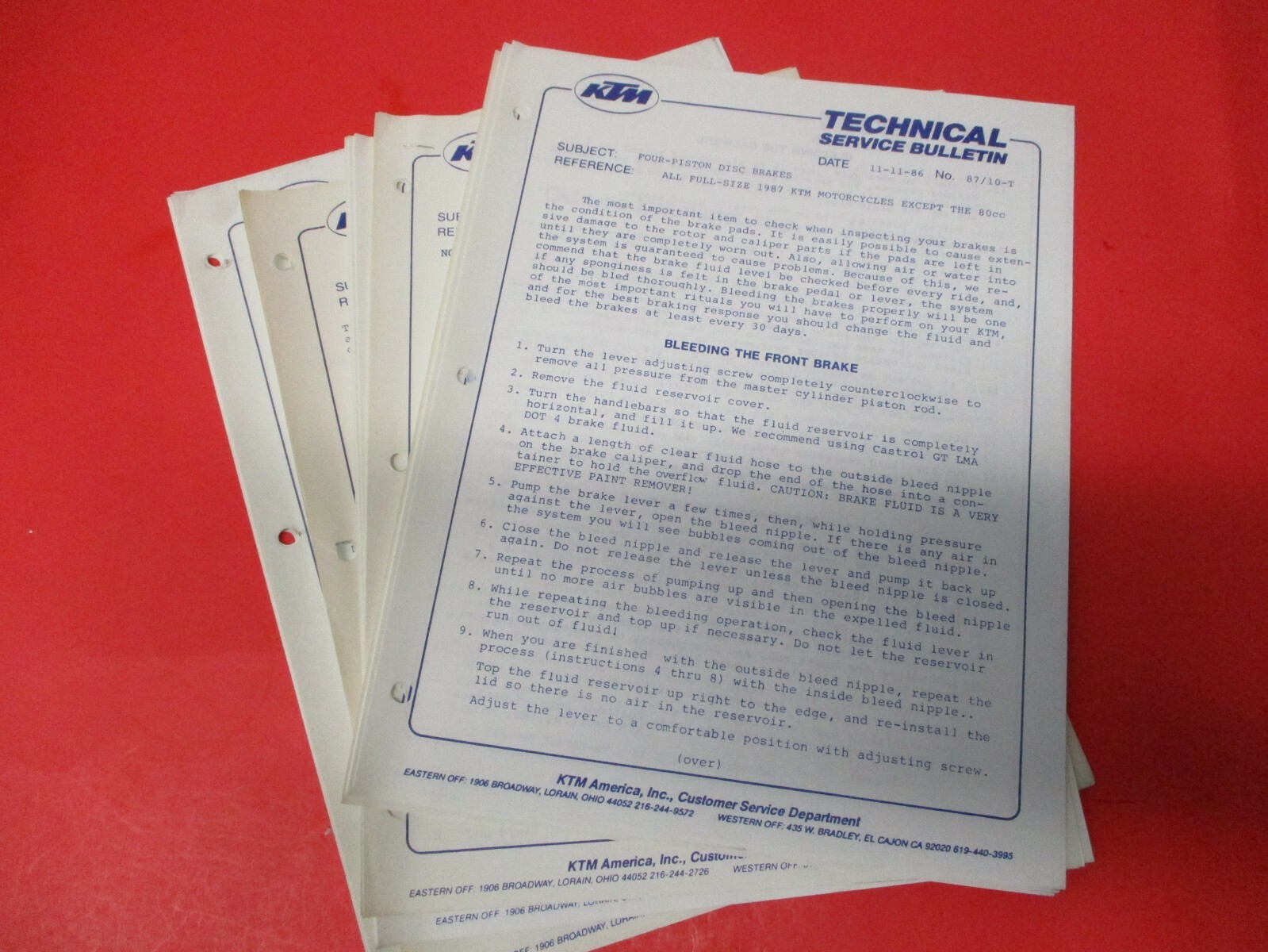 、 OEM FACTORY ORIGINAL TECHNICAL SERVICE BULLETIN LOT 1987 KTM