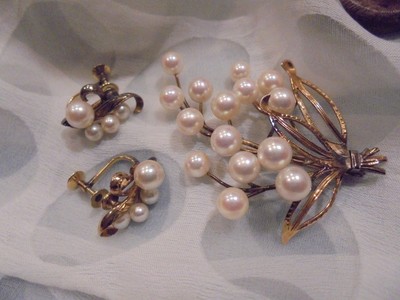 14 KT GOLD PEARL VICTORIAN EUROPEIAN BROOCH EARRING SET
