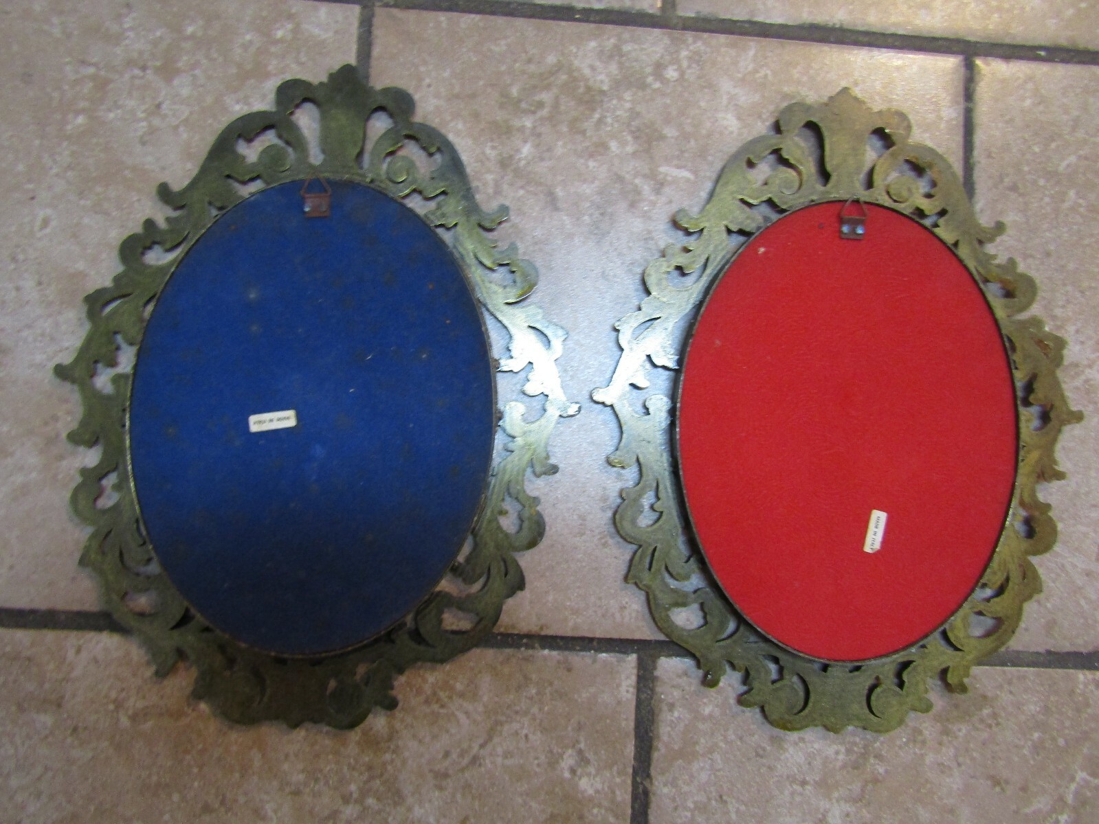 Vintage Pair of Large Ornate Metal Frame Pictures Oval Convex Bubble Glass Italy