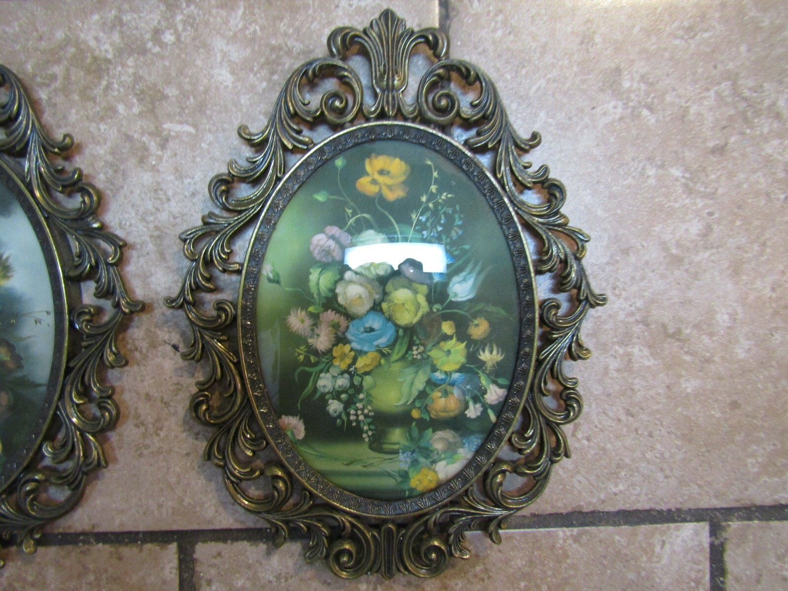 Vintage Pair of Large Ornate Metal Frame Pictures Oval Convex Bubble Glass Italy