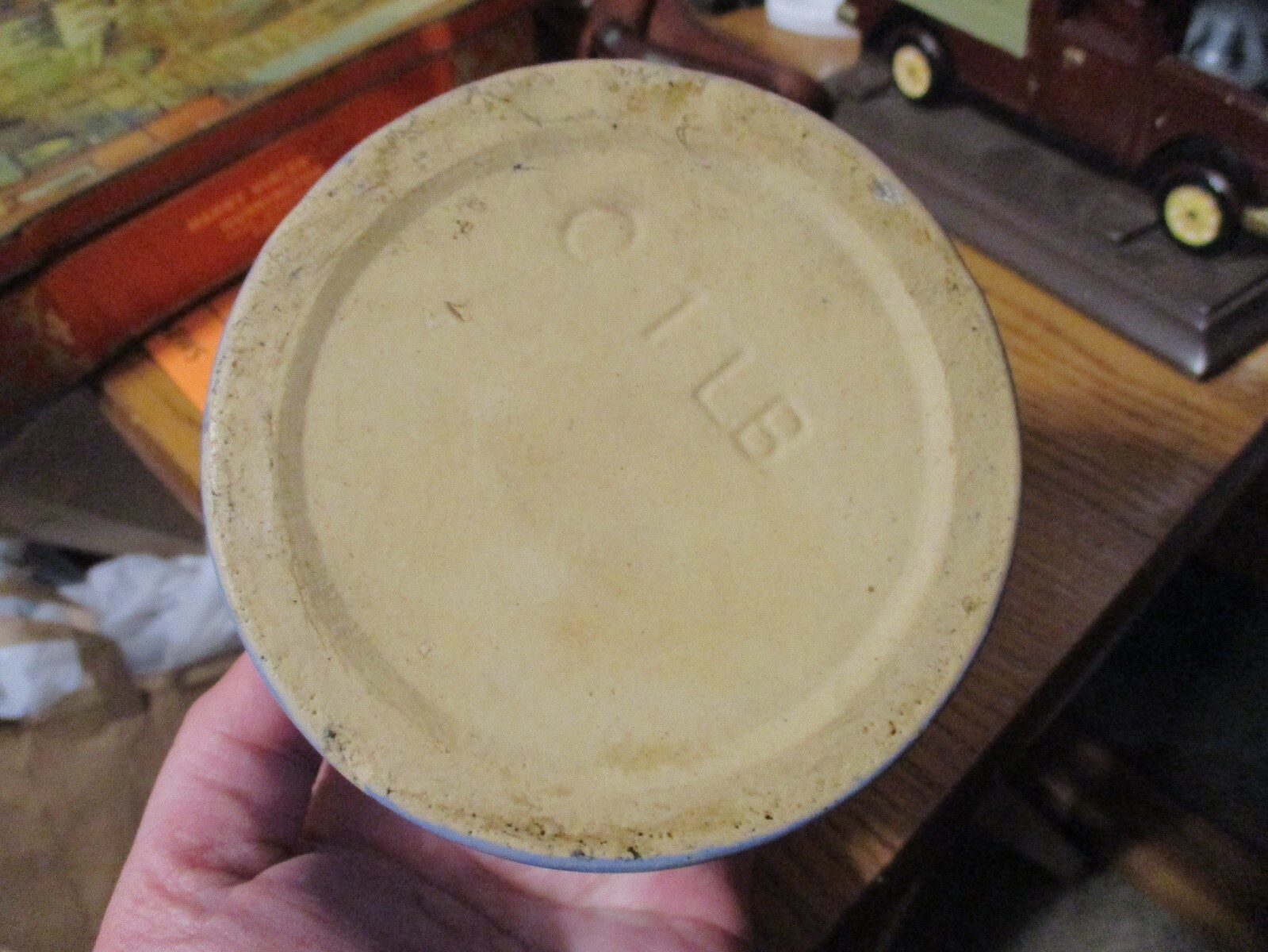 ANTIQUE BUTTER CROCK BLUE ONE POUND STONEWARE OLD KITCHENWARE OLD