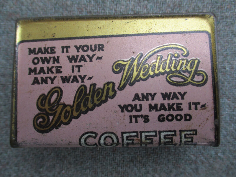 VINTAGE GOLDEN WEDDING COFFEE TEA BAKING POWDER TIN MATCHBOX HOLDER MATCH SAFE