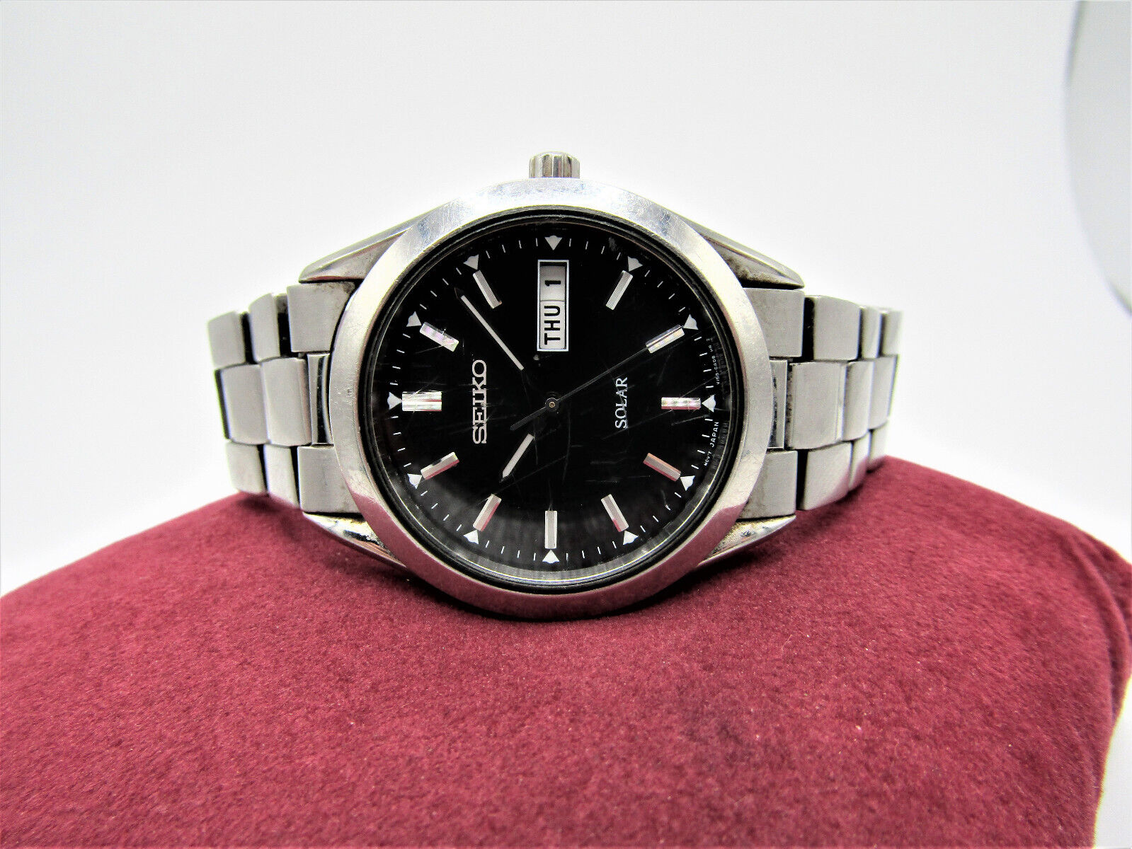 Vintage Rare Seiko Solar V158 0AB0 Day Date Watch Black Dial Original Bracelet