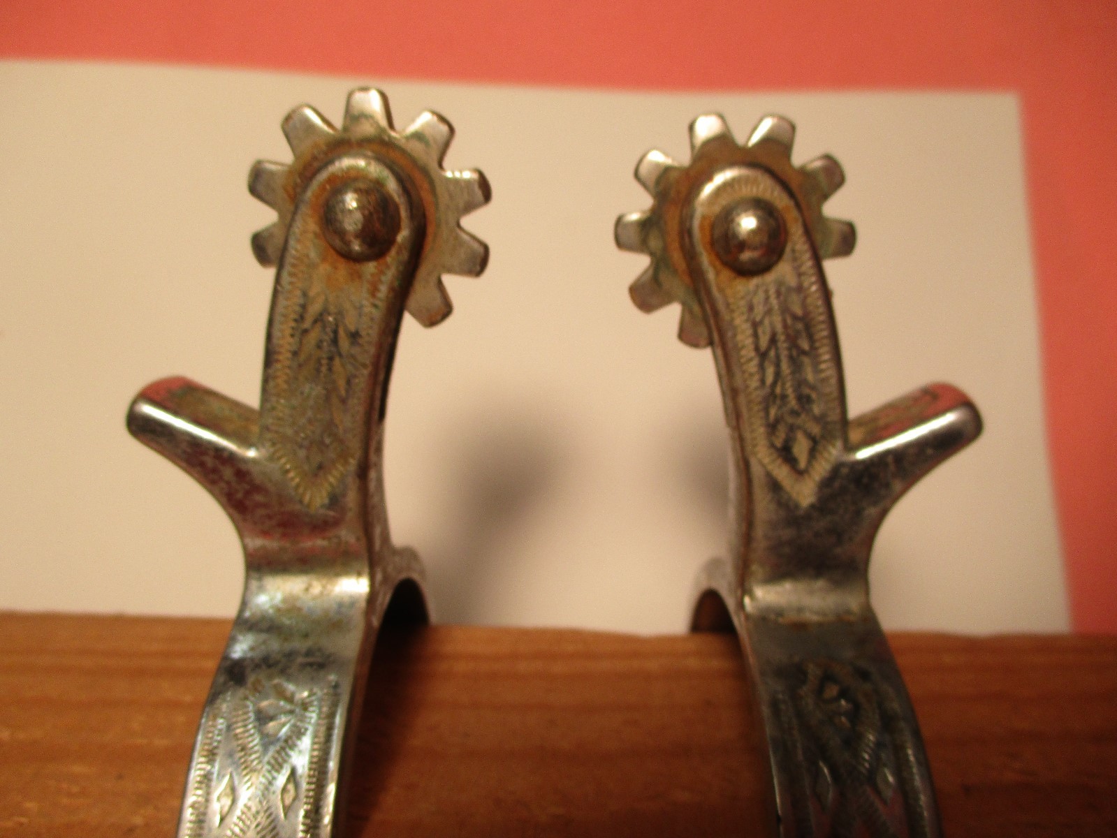 Vintage Engraved Button Embossed Stainless Unmarked Crockett Mens Spurs