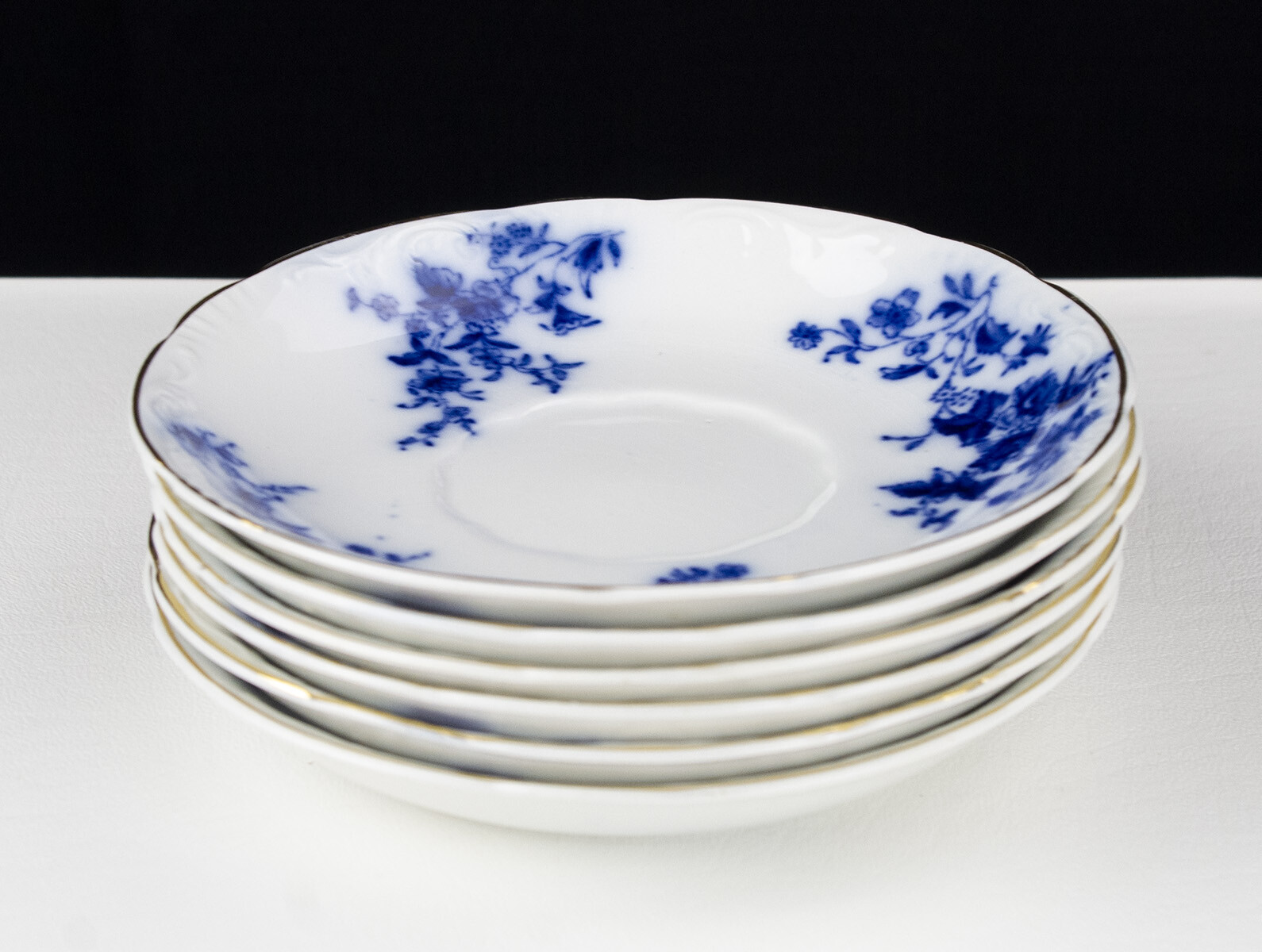 Grindley Flow Blue Rose Saucers 6 pc Set, Antique c.1893 England Gold Trim Plate