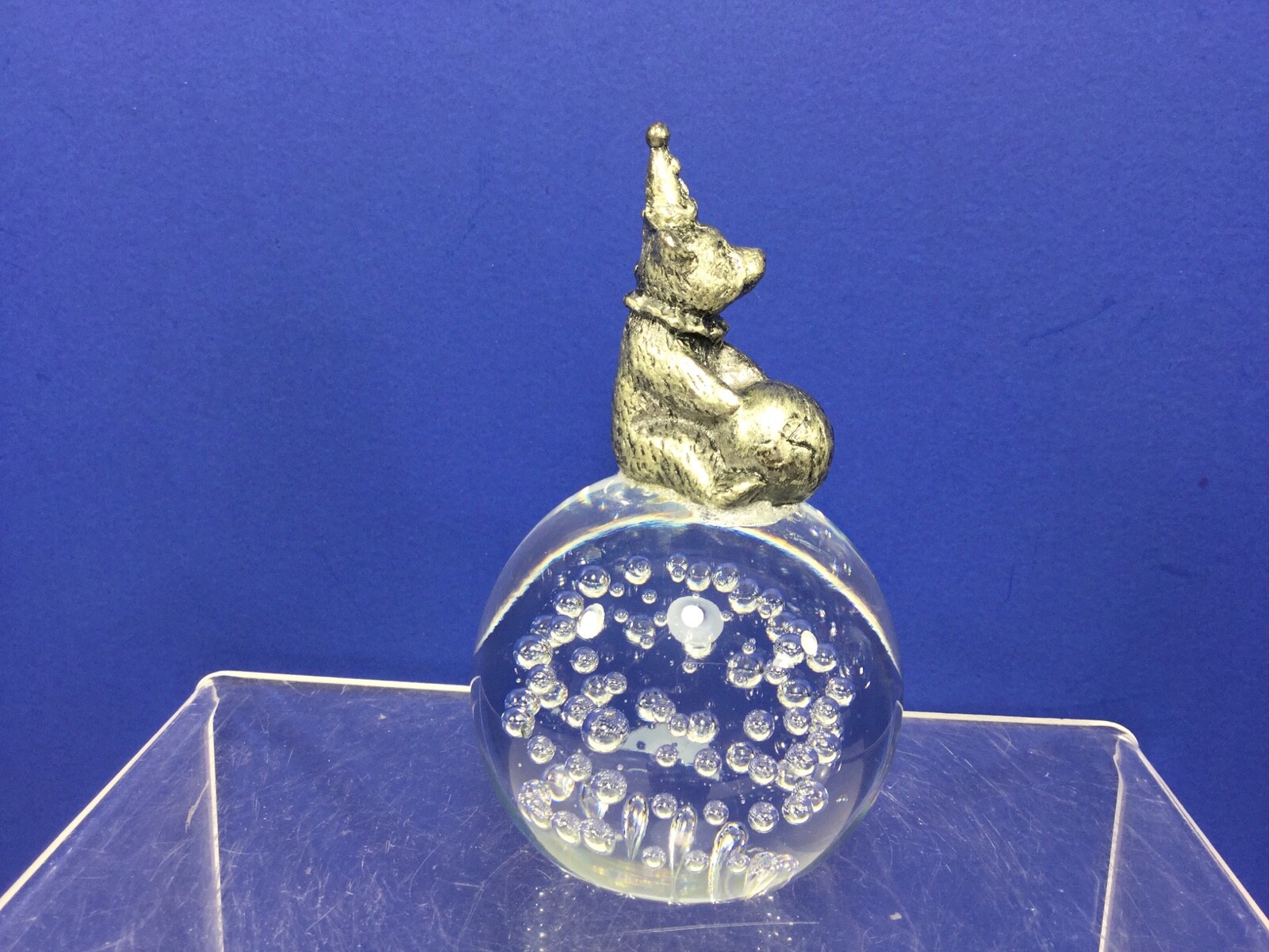 Vintage, Clear Glass Paperweight w/ Bubbles and a Circus Bear Sitting on Top