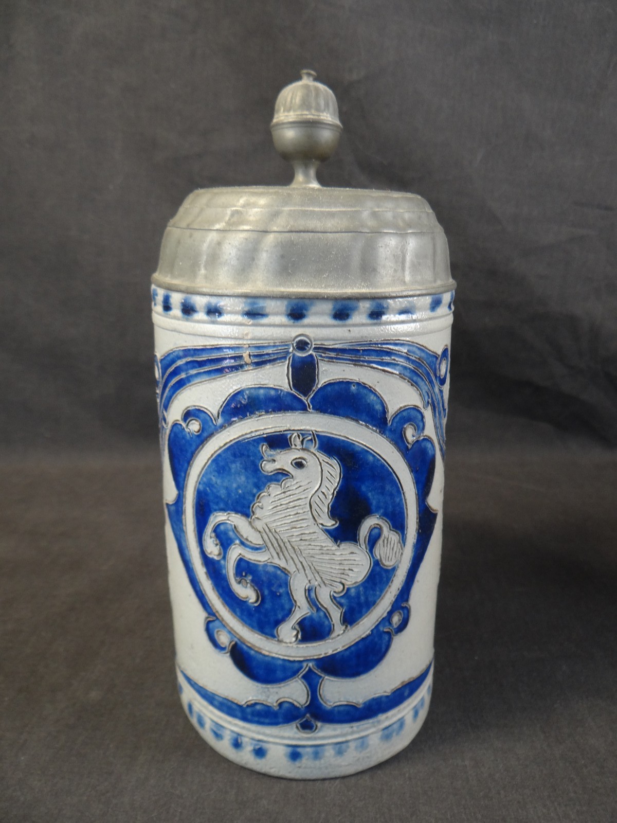 RARE Antique 18th Century German Westerwald Blue Stoneware Pewter Lidded Stein