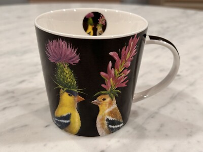 Vicki Sawyer PPD Porcelain Coffee Mug Birds in Hats Goldfinches