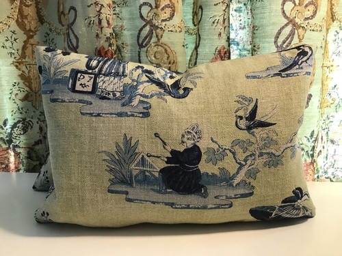 SET OF 2, ACQUITAINE “LOOKING GLASS” CHINOISERIE GREEN BLUE LINEN PILLOWS