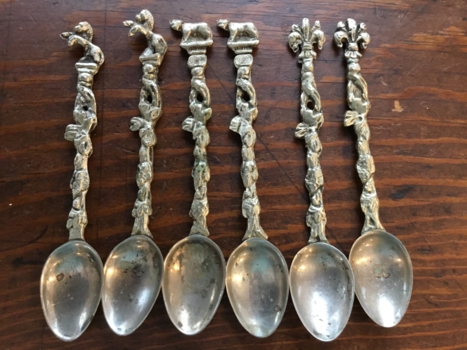 6 antique demitasse spoons 2 each horse fleur-de-lis lion or dog