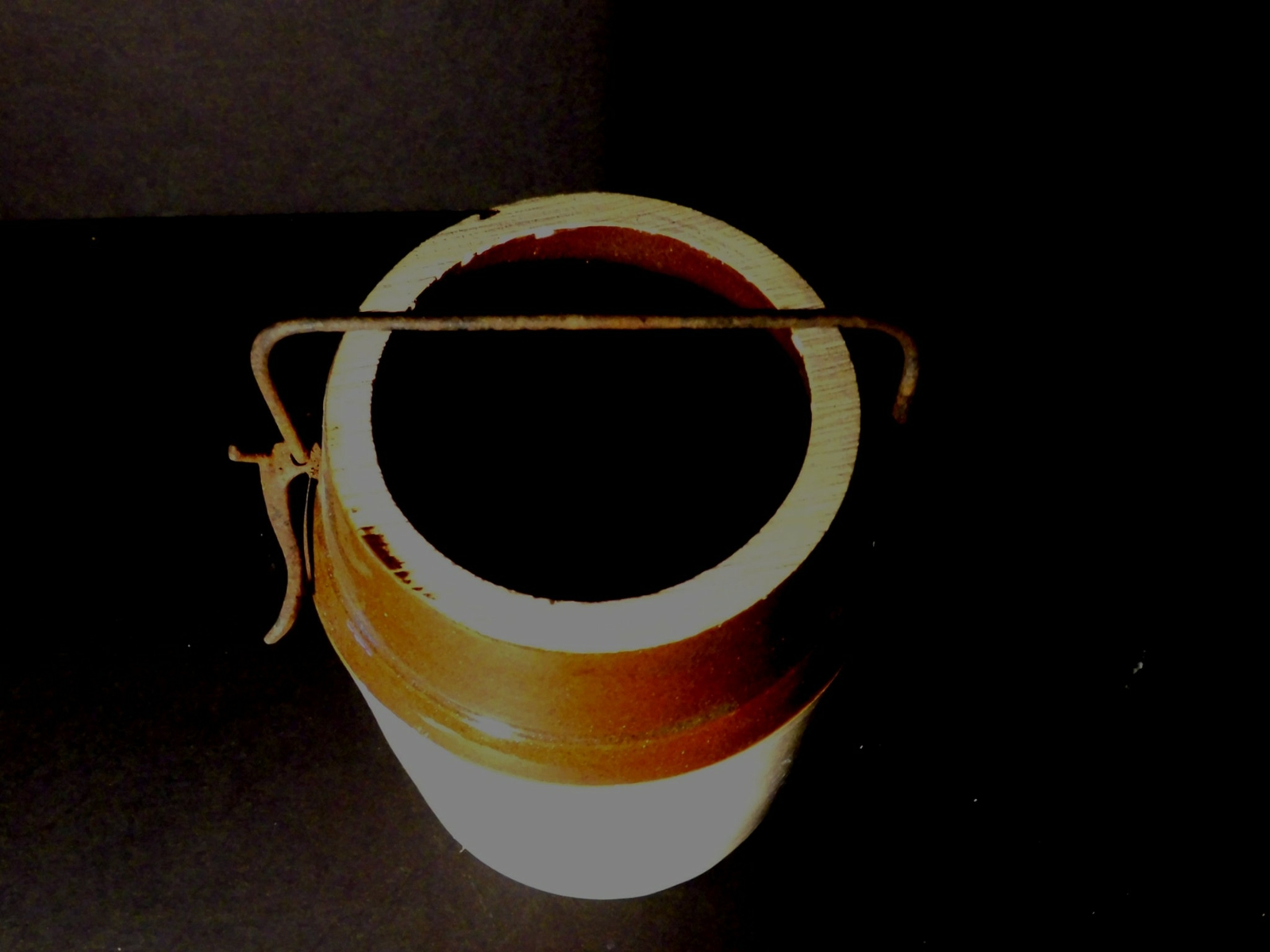 #34 Brown and Tan Vintage Crock with Metal Handle, 2 Quart size