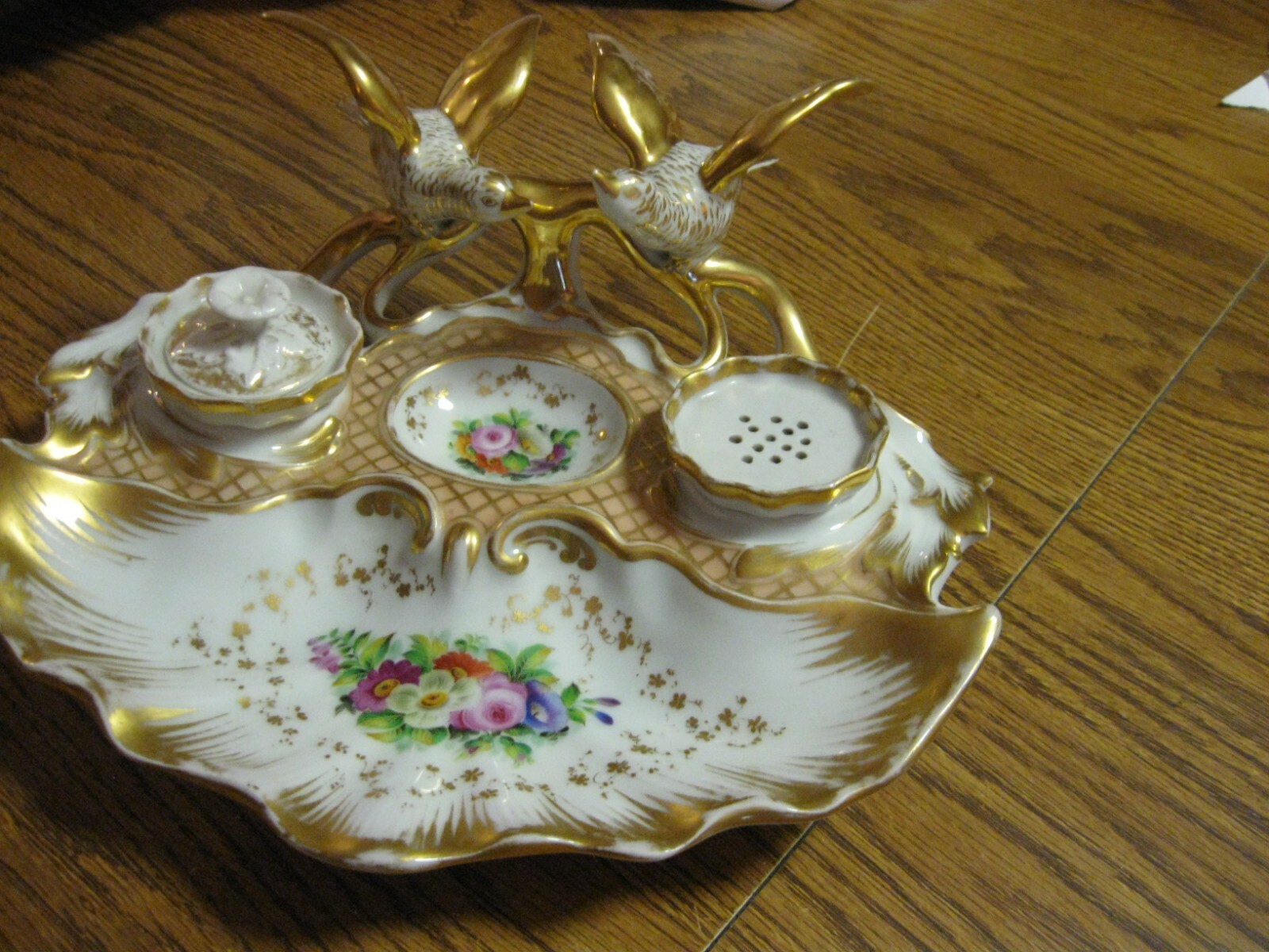 ANTIQUE KPM DESK SET, INKWELL , DUSTER  AND TRAY FROM GERMANY EXQUISITE