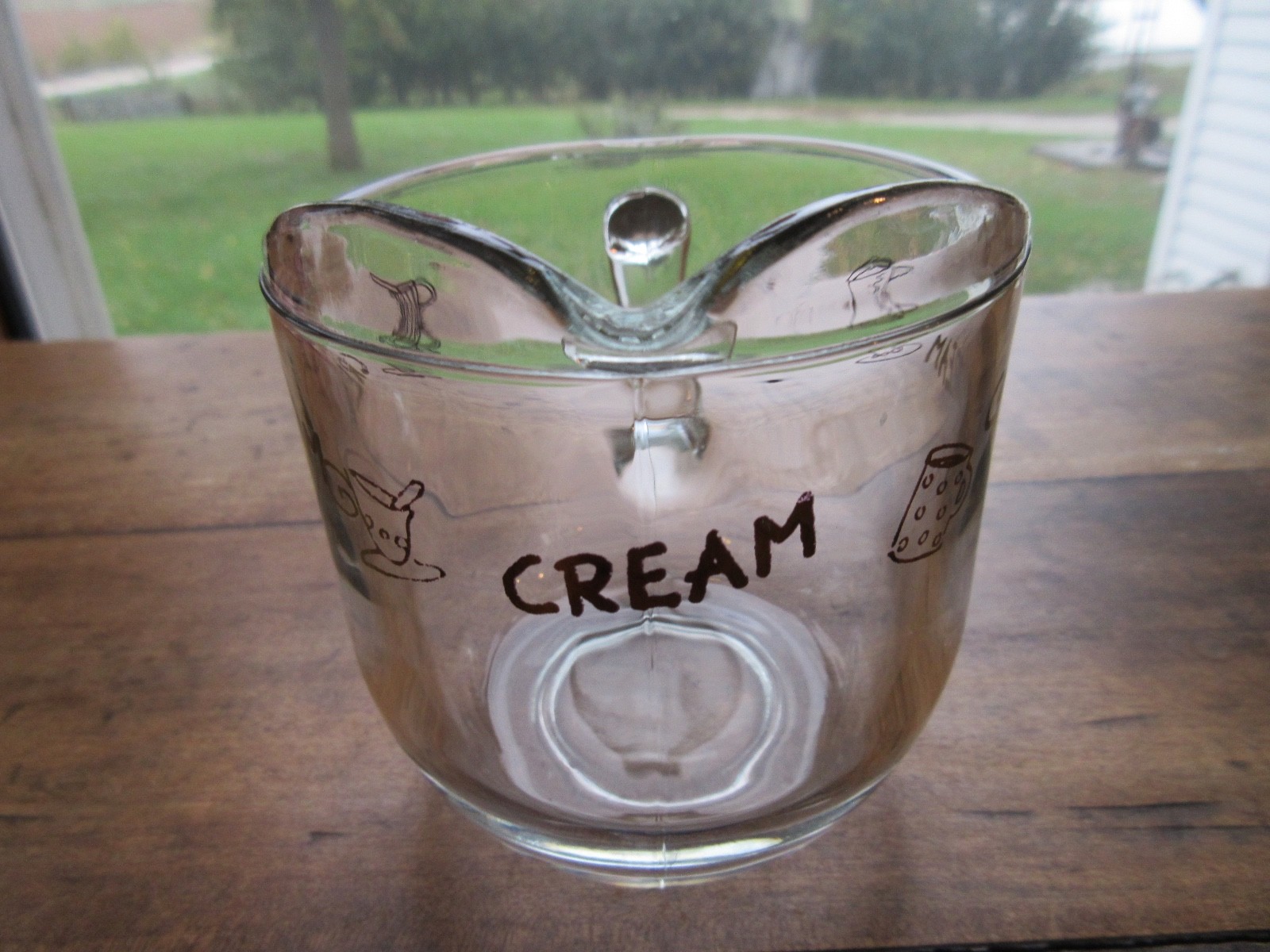 Vintage Clear Glass Cream Pitcher with Gold Graphic & 