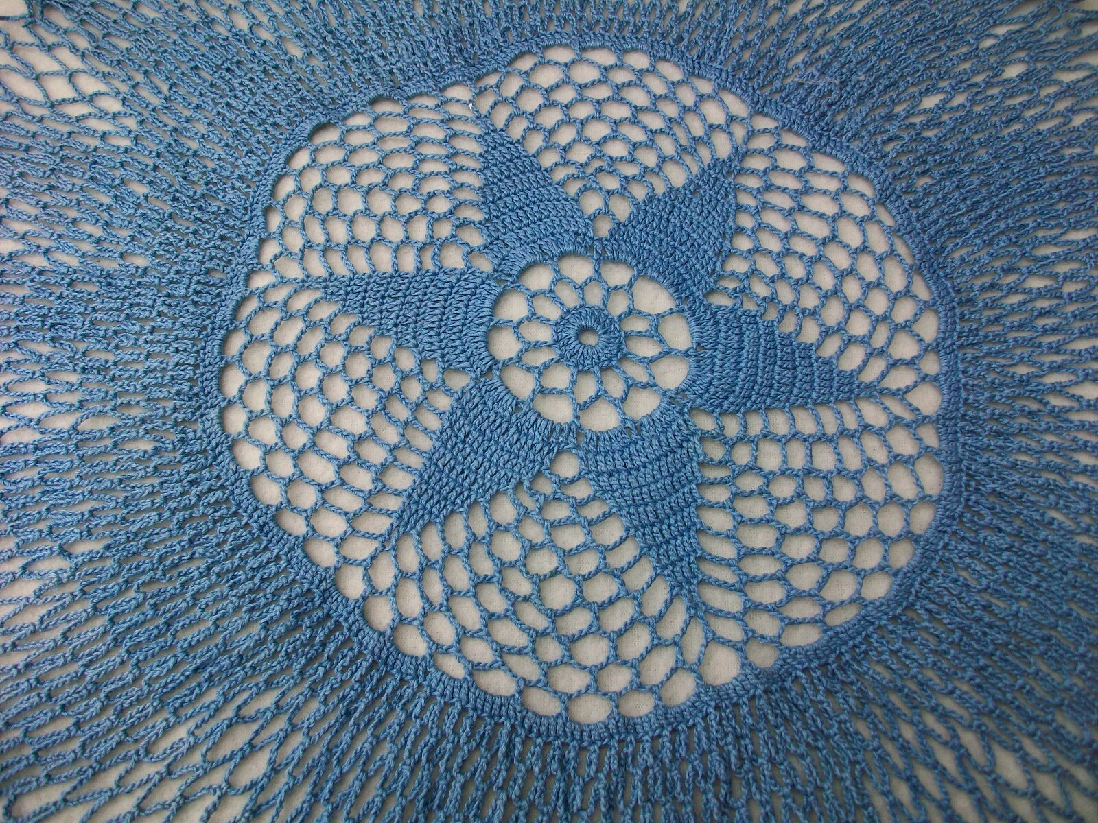 Crochet Doily Round Blue Star 20 Inch Diameter Net Border Hand Crocheted