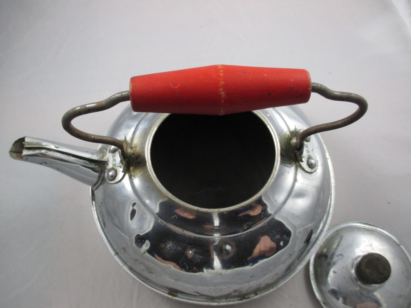 Antique Vintage Revere Tin Tea Pot, Wire & Wood Handle, 7 1/2