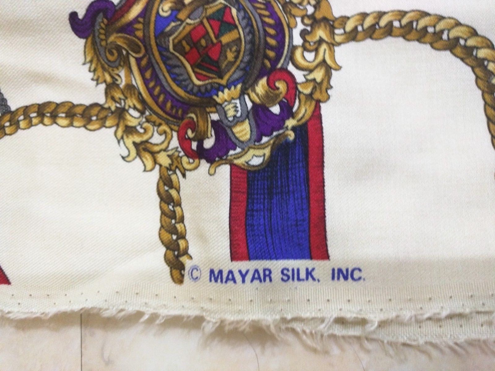 Vintage Fabric Mayar Silk Inc.Red Blue Green & Cream~Ropes & Coats of Arms~3 yds