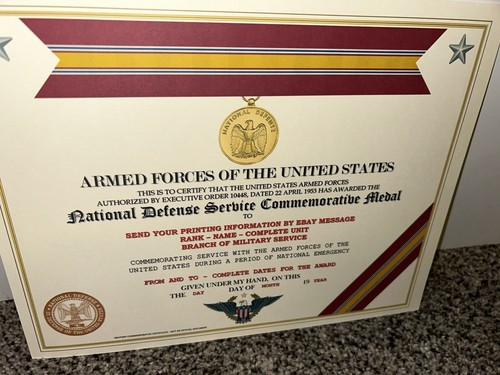 NATIONAL DEFENSE SERVICE MEDAL COMMEMORATIVE CERTIFICATE ~ W/PRINTING TYPE-1