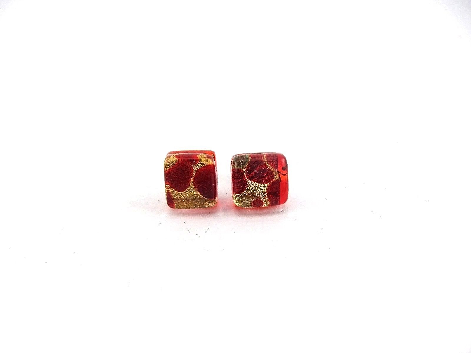 Red & Gold Handcrafted Square Murano Glass Stud Earrings