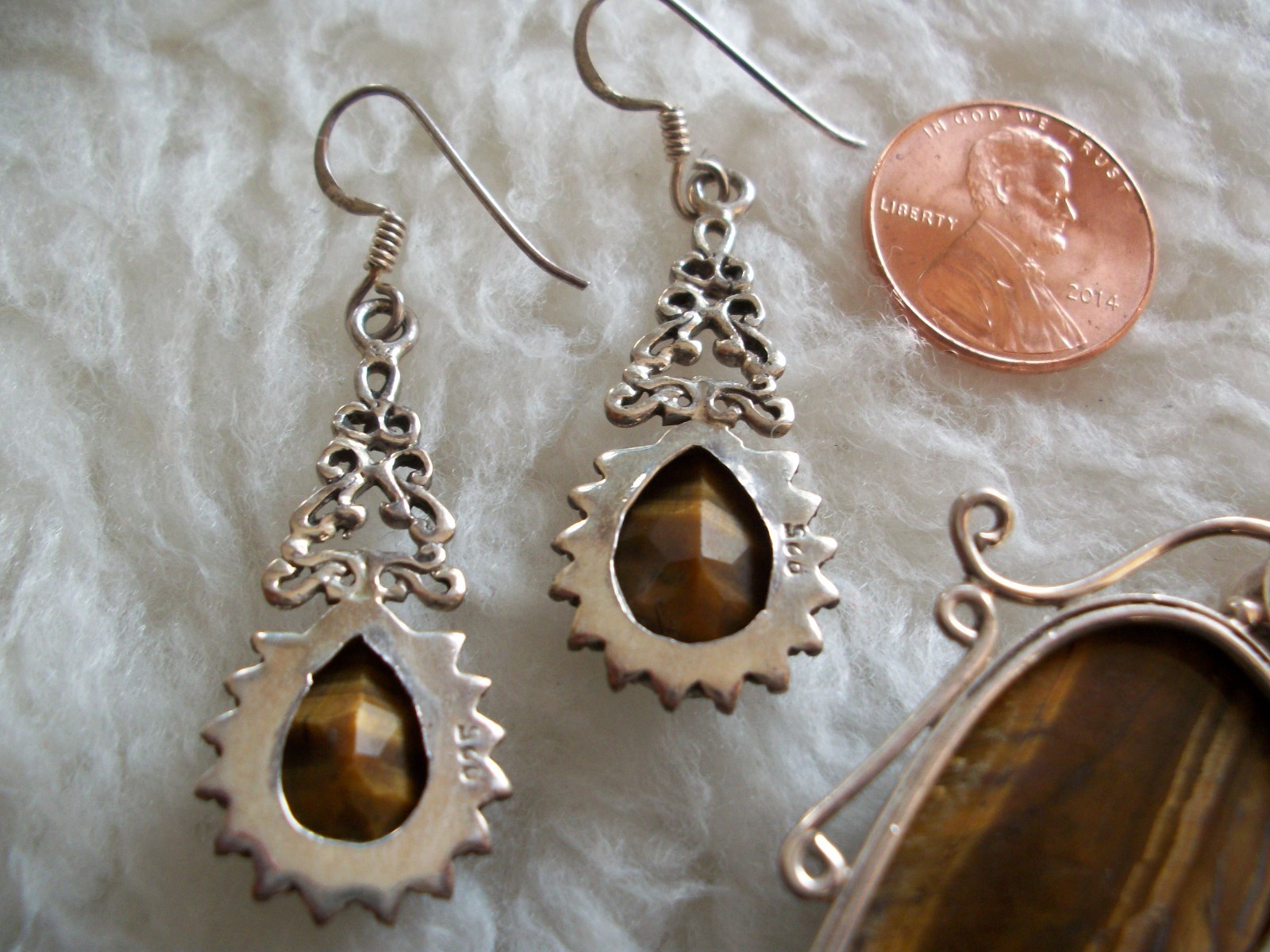 Tigers Eye Pendant Pierced Earrings Set Faceted Amethyst Gem Sterling Silver New