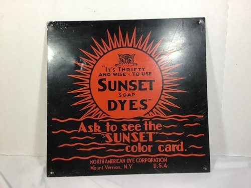 Vintage Sunset Soap Dyes Tin Sign Mount Vernon NY Owl Thrifty & Wise N Amer Dye
