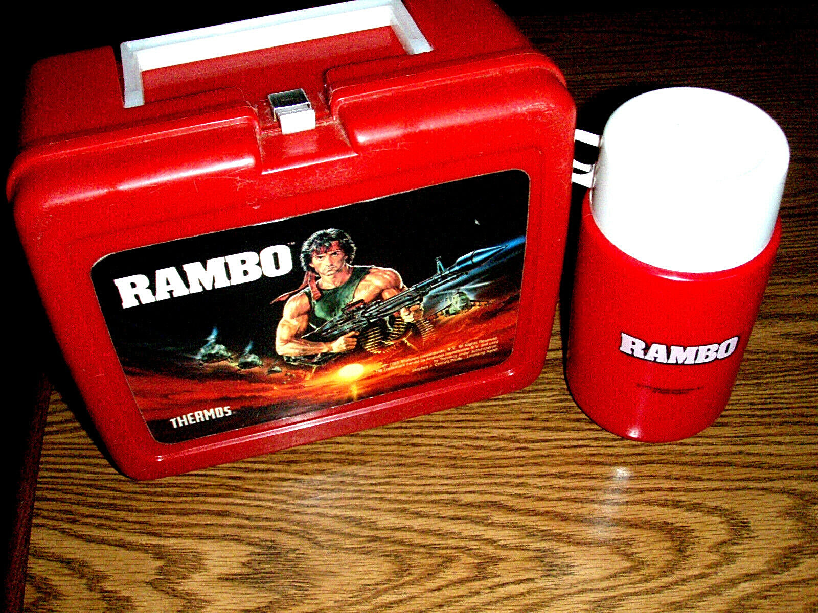 Vintage Rambo Lunchbox, Thermos, 1985, Sylvester Stallone, Box, Thermos, cup