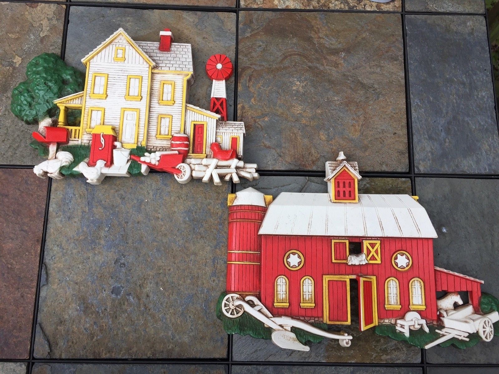 Vintage Homco 9/12 SET Plaques Red Barn Silo Water Wheel Windmill Farmhouse ??j8