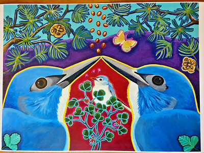 Pinon Jays Photo Print Colorful Folk Art Pinon Pleasure Blue Jays Poster Signed