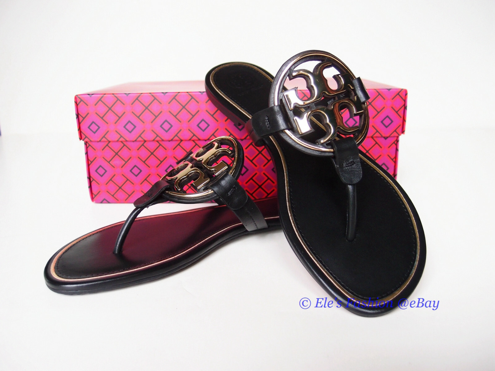 Pre-owned Tory Burch Metal Miller Thong Flip Flop Leather Sandal Black Us 7 Authentc