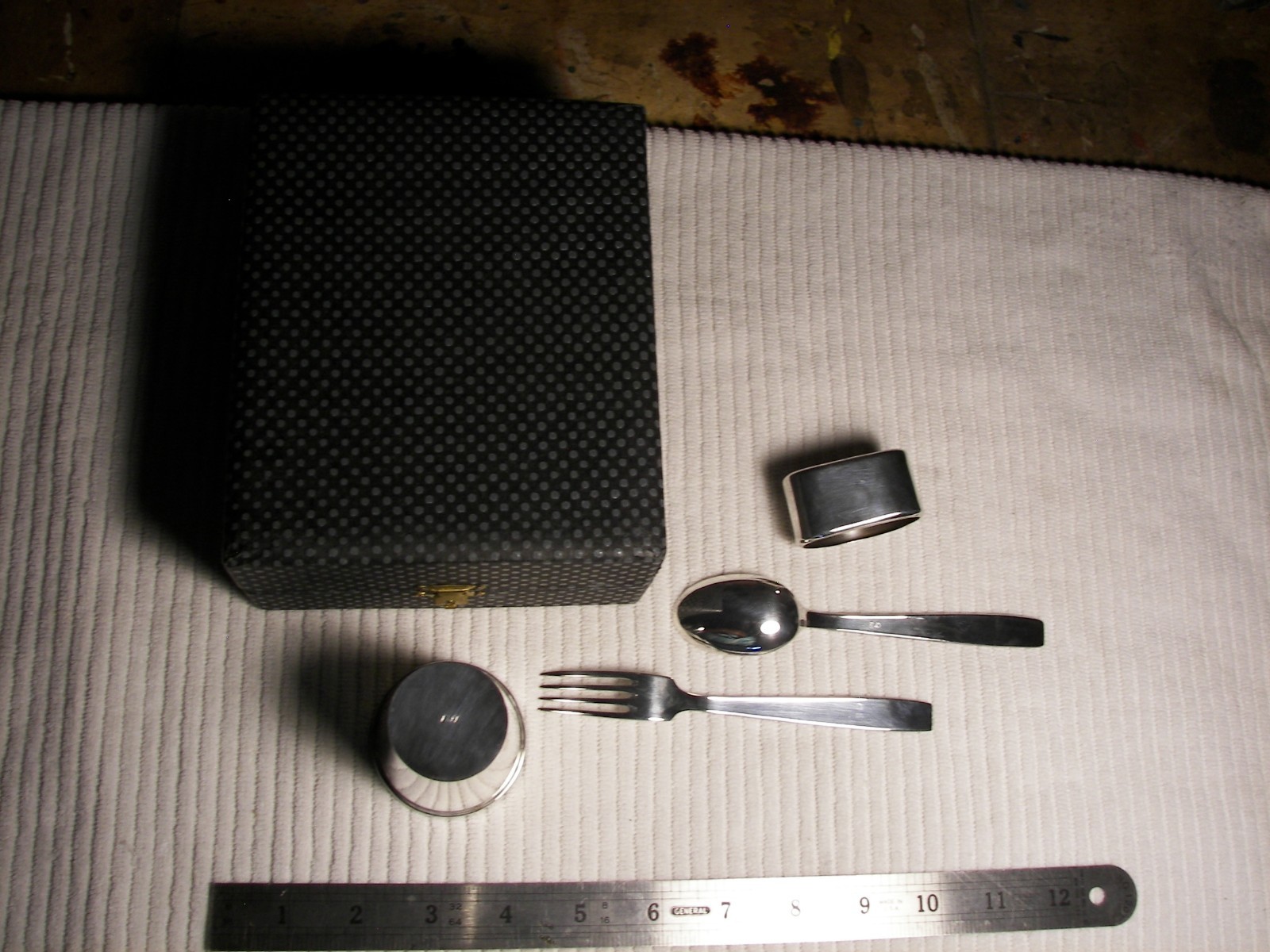 Vintage 1950's Alpaca Baby Cup, Napkin Holder, Fork and Spoon New Baby Keepsake!