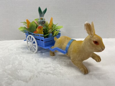 VINTAGE FLOCKED BROWN BUNNY RABBIT PULLING BKUE CART HONG KONG