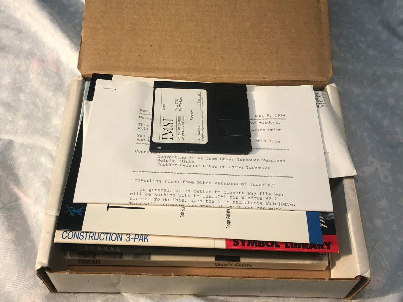 Vintage IMSI TurboCad v. 2.0 Software 3.5 floppy disk Windows 1994 + v. 2.03