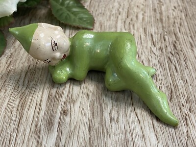 Antique Elf Fairy Figurine Laying Down Hand Painted Green Pixie with Sleep Cap