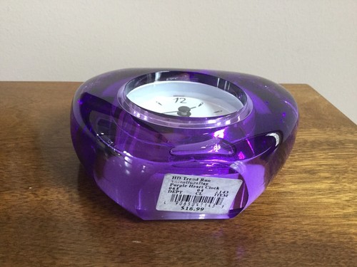 Clear Purple Acrylic Heart Shaped Tabletop Clock ~ 5.5”x 5”x 1.5” ~ Nice