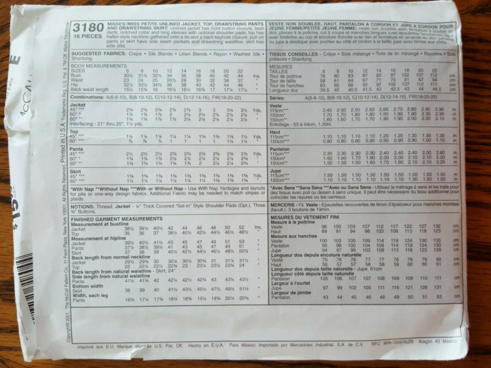 VINTAGE UNOPENED McCALLS PATTERN  MISSES/PETITE JACKET TOP PANTS 12-14-16 #3180