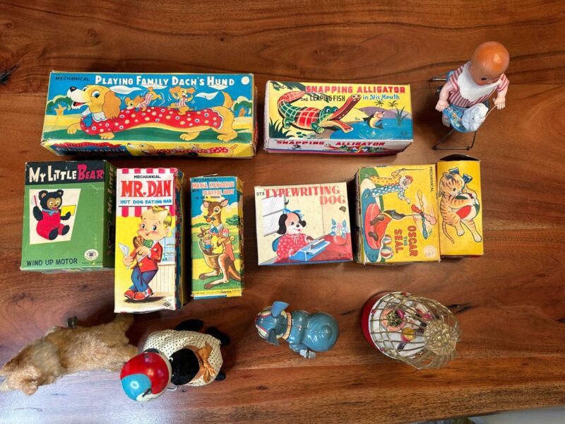 12 Vintage Wind-up Tin Toys Cragstan S&E Alps Mar  Original Boxes