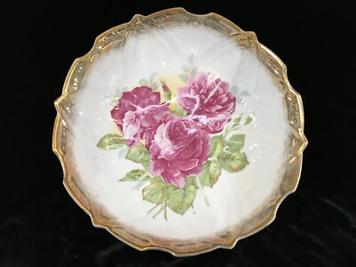 Vintage Rice Bowl Very Heavy Gold Moriage Trim Pink Roses Green Leaves Lavender Purple Floral Rings Small Pedestal Rim Beaded Collectible