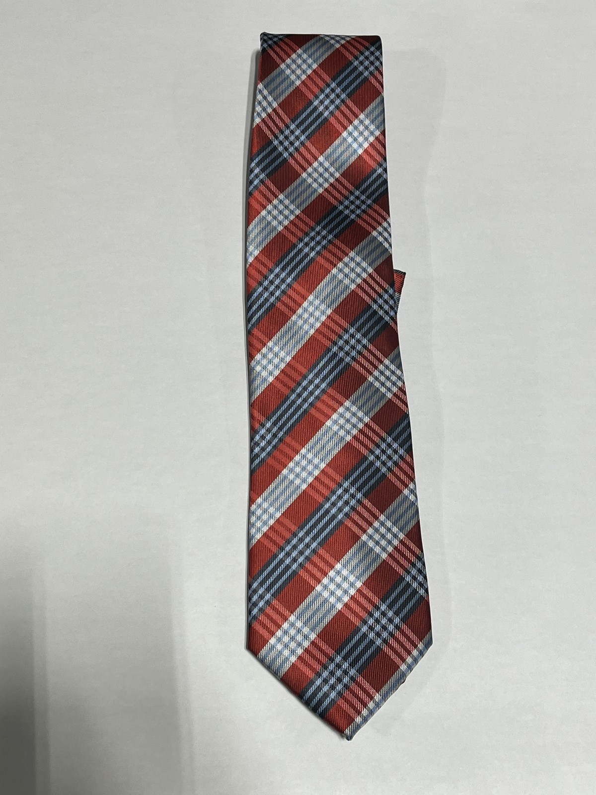 Mens Barcelona Red Blue Plaid Pattern Tie With Matching Pocket Square NEW