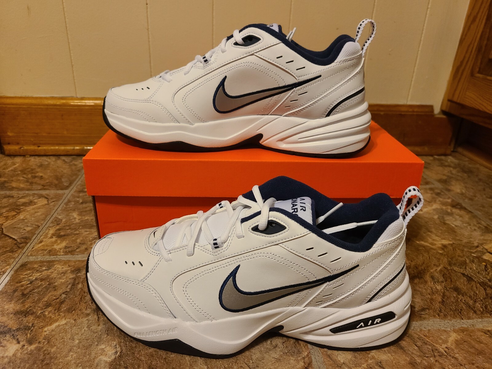 nike air monarch iv white navy
