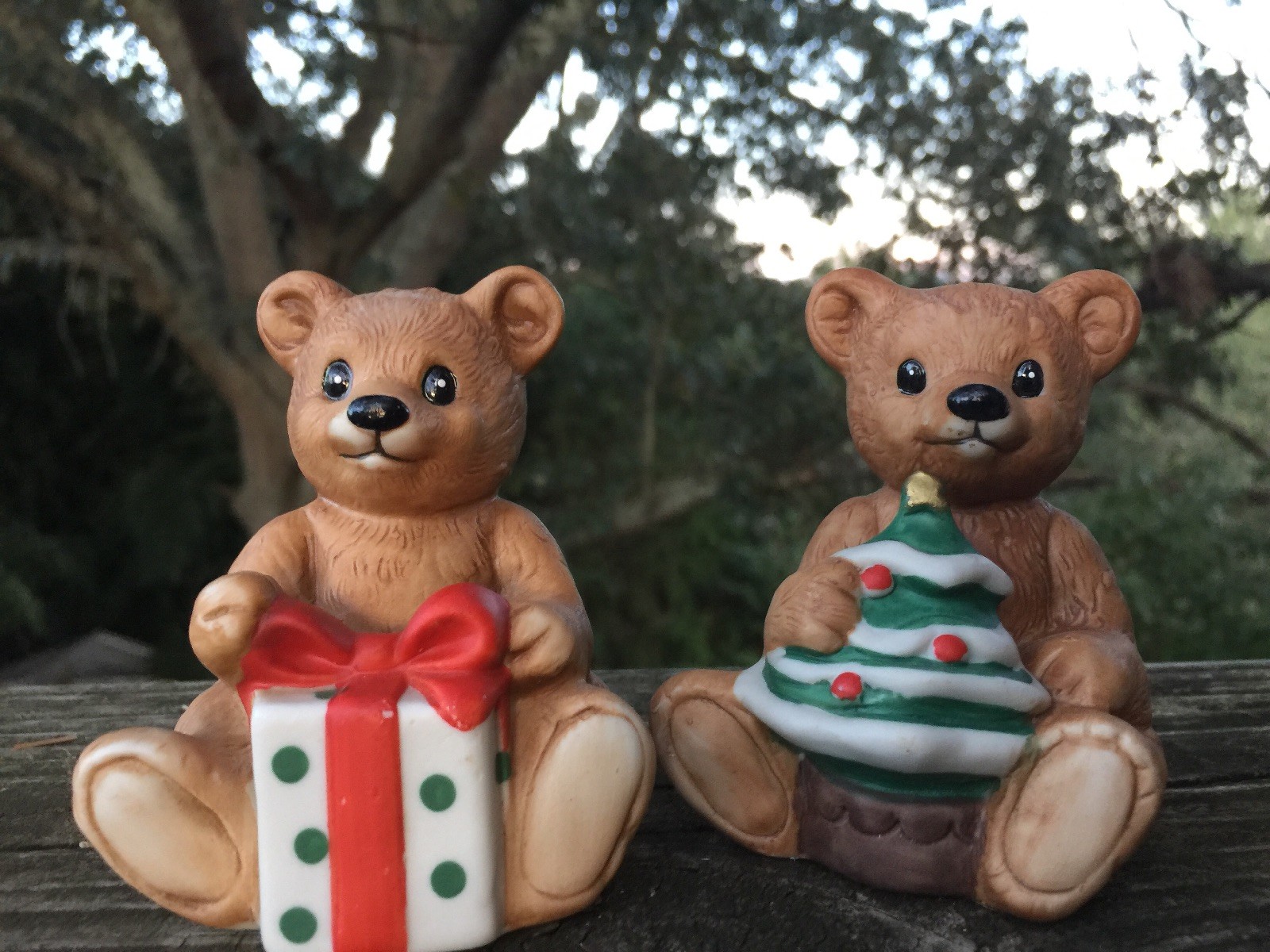 Vintage Homco HOME INTERIOR Teddy Bear Christmas Tree & Present SET 2 Rare ??J8