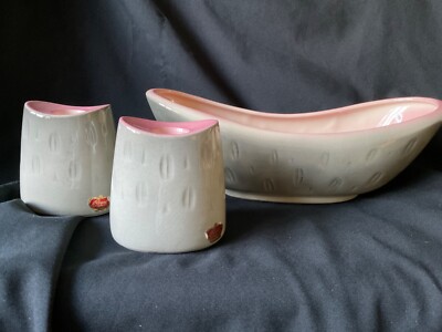 Vintage Royal Copley Windsor Pottery Bird Track grey pink Planter Candlesticks