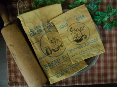 primitive set of 2 vintage look flour sacks washing powder bread